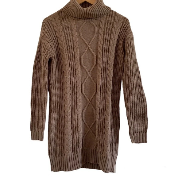 Lulus chunky cable knit turtleneck neutral sweater dress brown/tan XS - Picture 5 of 6